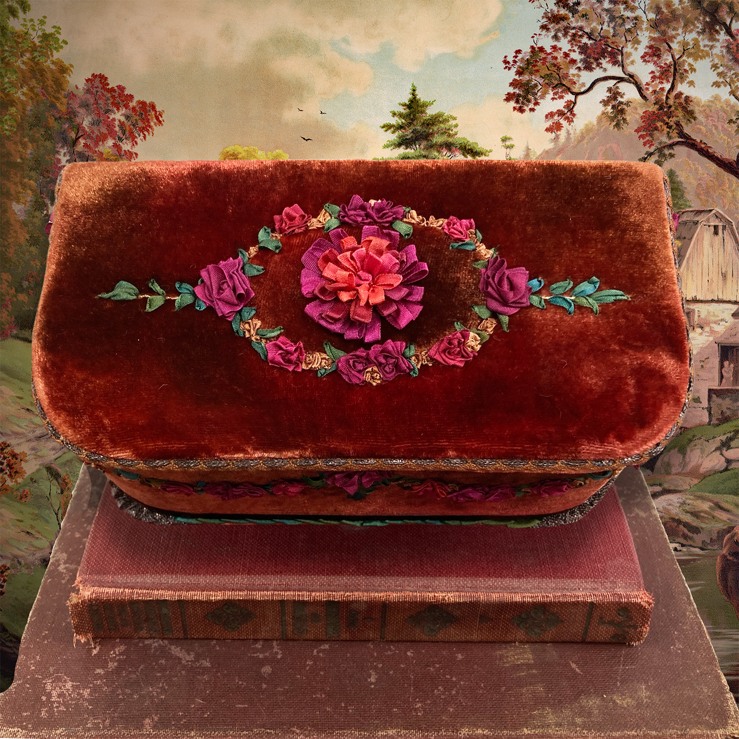 Brown Garnet Treasure Chest with Rococo Embroidery