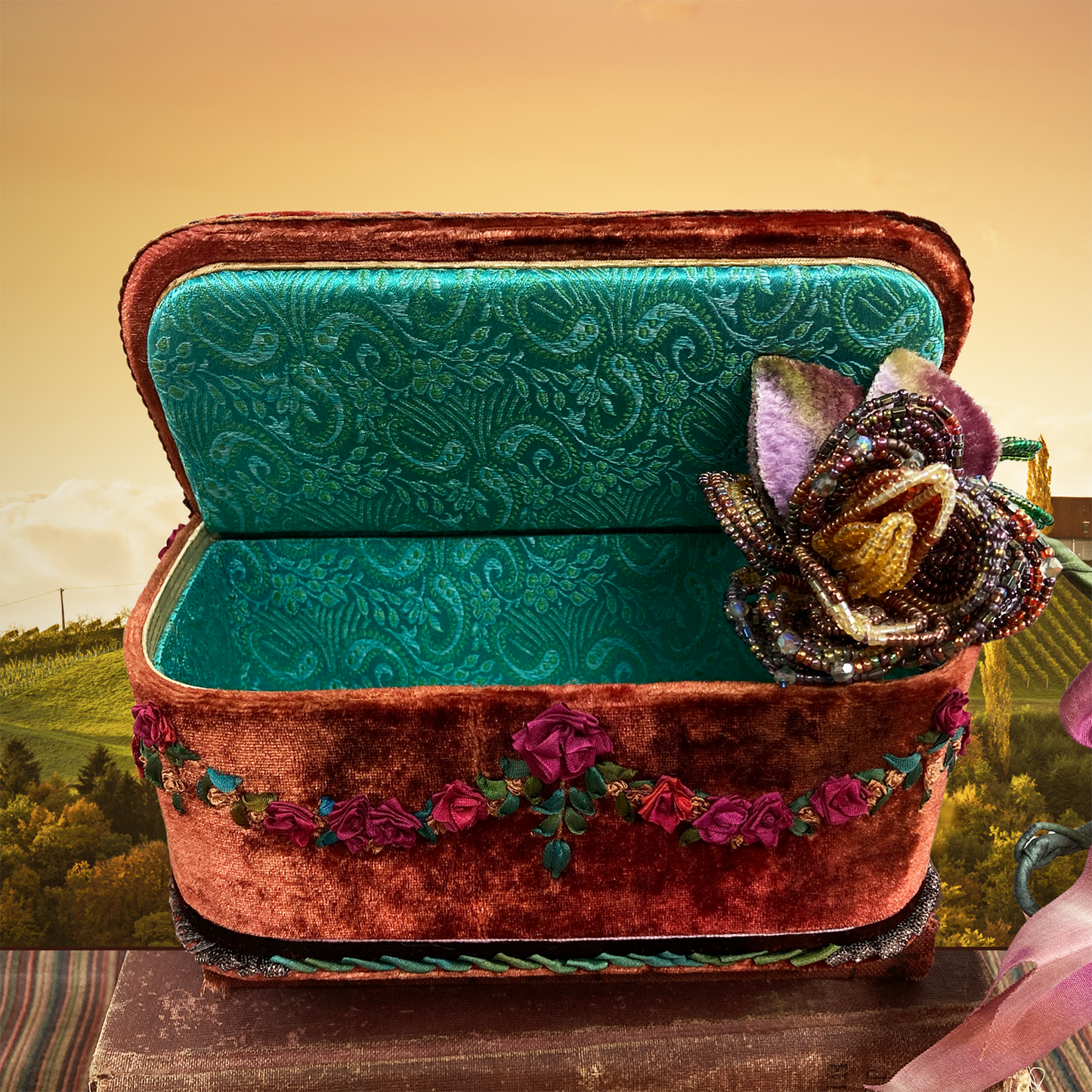 Brown Garnet Treasure Chest with Rococo Embroidery